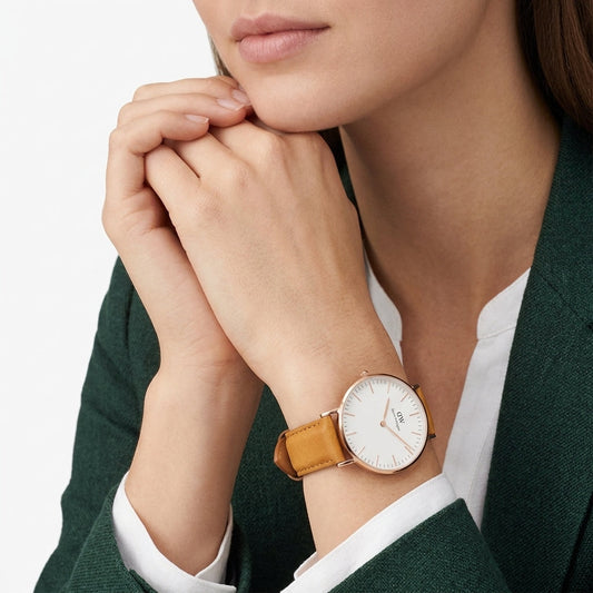 Daniel Wellington Durham 36mm Gold-Tone Brown Leather Women's Watch DW00100111