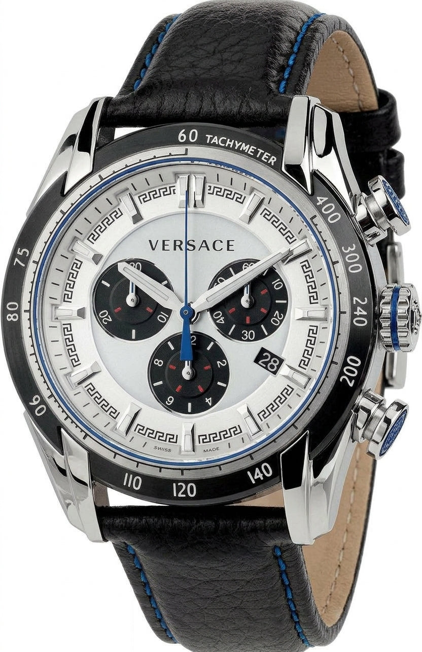 Versace V-Ray 44mm White Dial Black Leather Men's Watch VDB010014