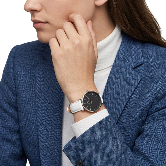 Daniel Wellington Petite Bondi 32mm Black Dial Silver-Tone White Leather Women's Watch DW00100284