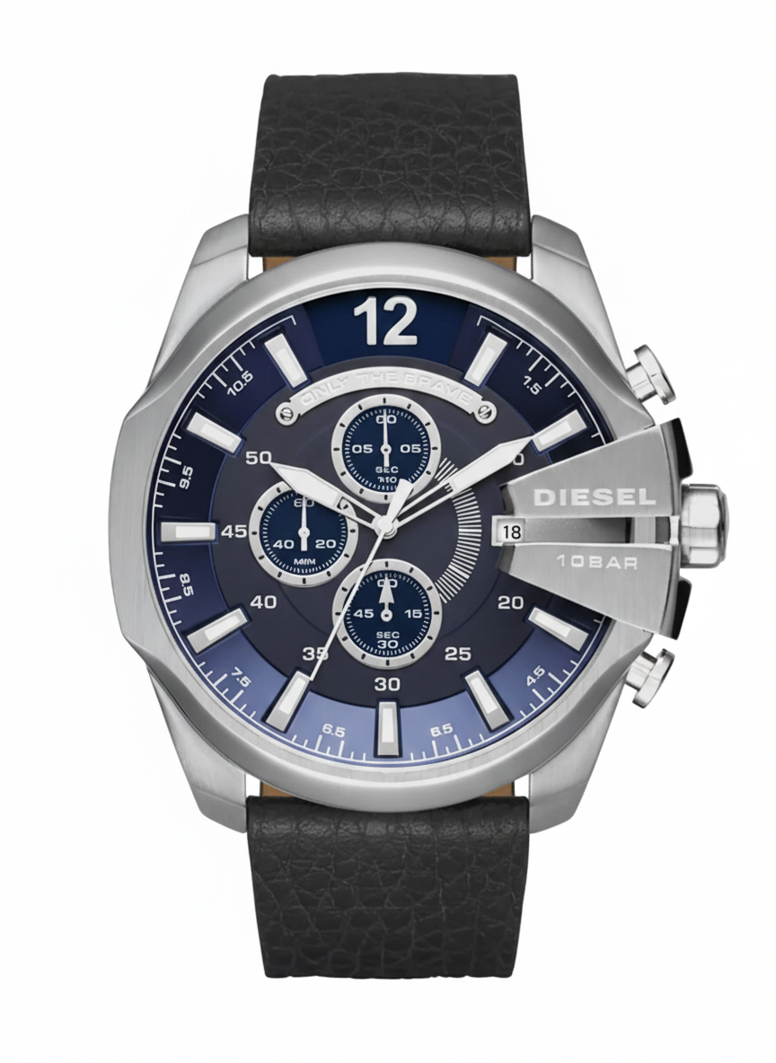 Diesel Mega Chief Blue Dial Black Leather Chronograph Watch DZ4423 Secondary image