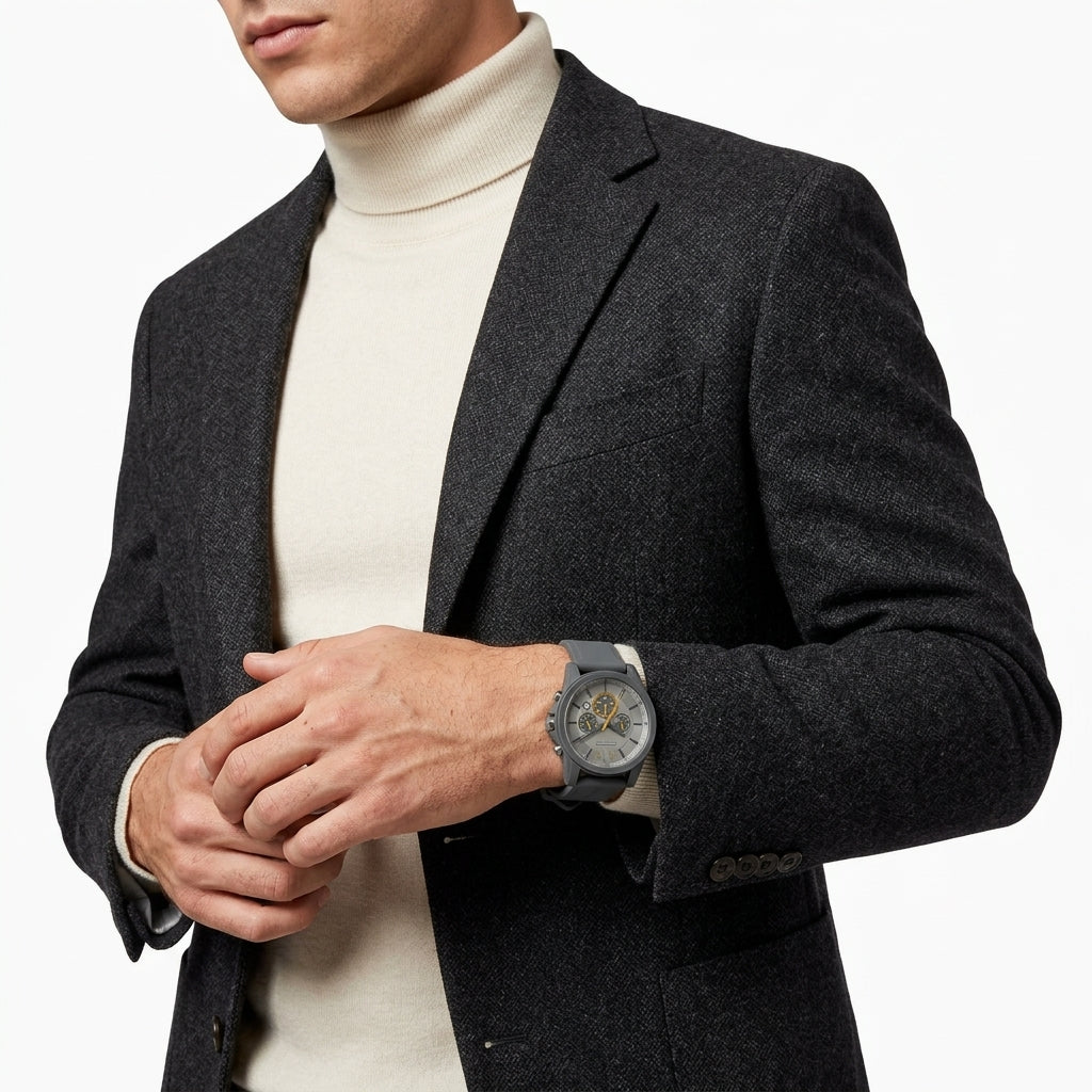 A man wearing a dark charcoal gray blazer over a cream turtleneck sweater, showcasing a dark gray watch with a gold-toned dial on his wrist.