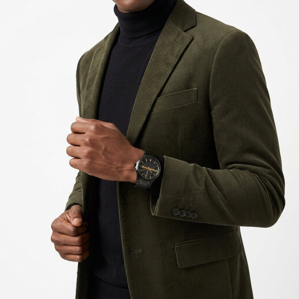 A man wearing an olive green corduroy blazer over a black turtleneck sweater, shown from the neck down against a plain white background. He is wearing a black watch with a gold dial on his wrist.