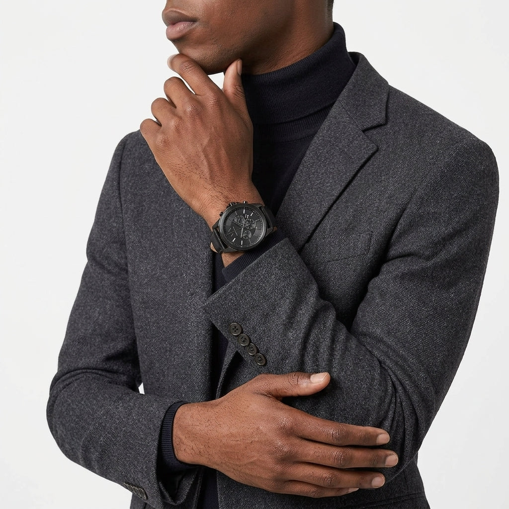 A man wearing a dark gray textured blazer over a black turtleneck, showcasing a black analog watch on his wrist against a clean white background.