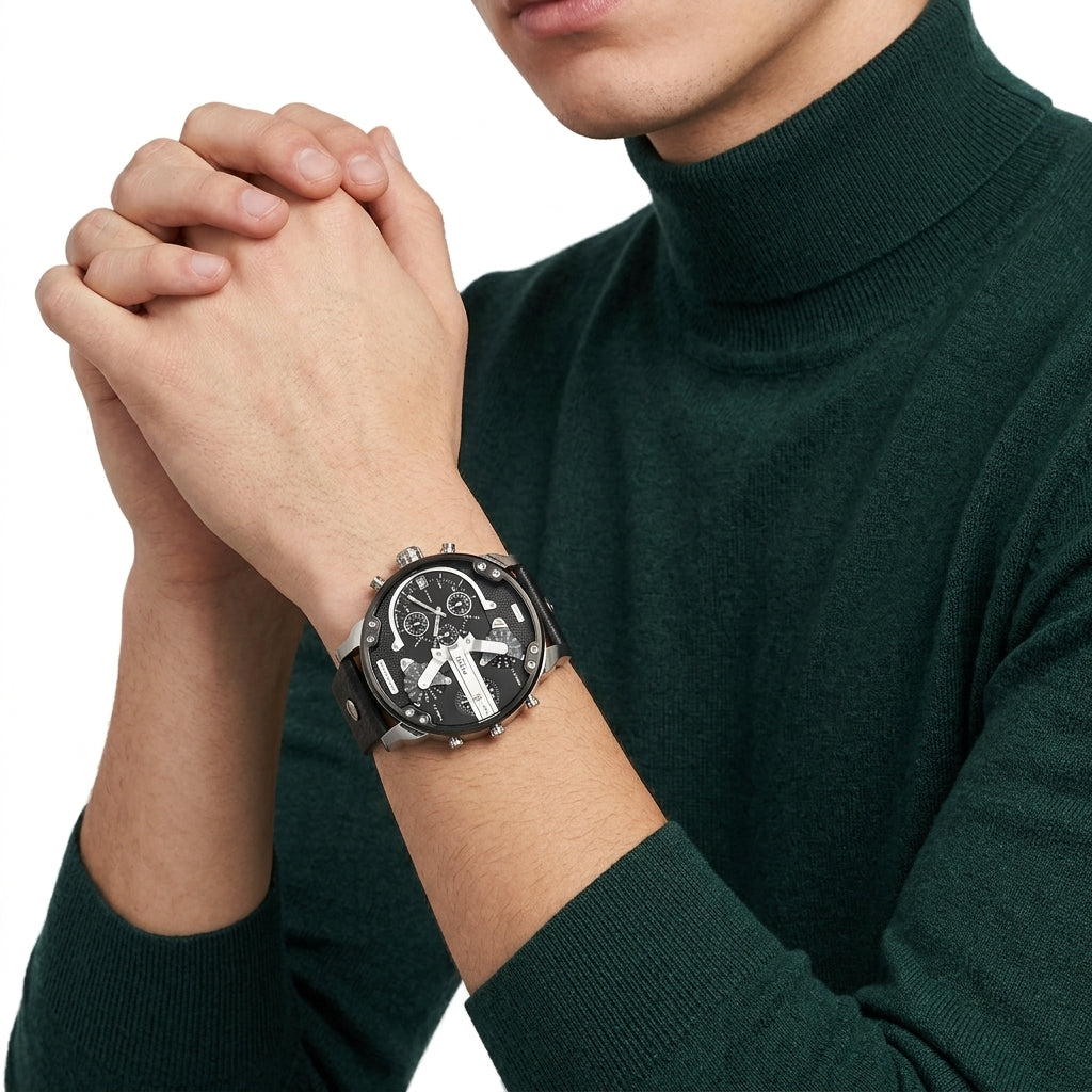 Diesel Mr. Daddy 2.0 57mm Black Dial Black Leather Chronograph Men's Watch DZ7313