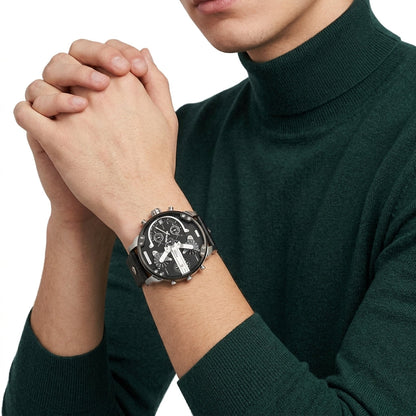 Diesel Mr. Daddy 2.0 57mm Black Dial Black Leather Chronograph Men's Watch DZ7313