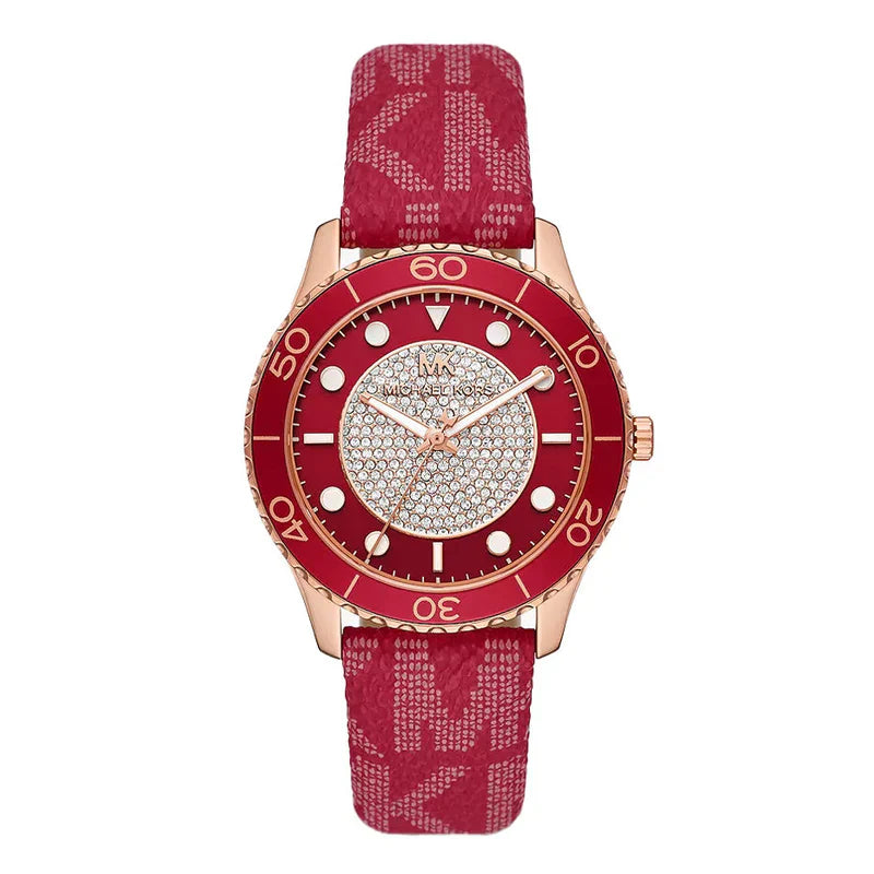 Michael Kors Runway Dive dameshorloge met pavé wijzerplaat, rode gecoate canvas band - MK7179 Hoofdafbeelding