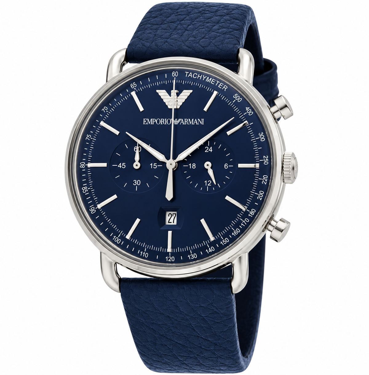 Emporio Armani Aviator 43mm Blue Dial Navy Blue Leather Chronograph Men's Watch AR11105