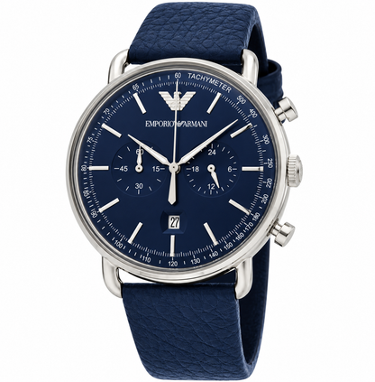Emporio Armani Aviator 43mm Blue Dial Navy Blue Leather Chronograph Men's Watch AR11105