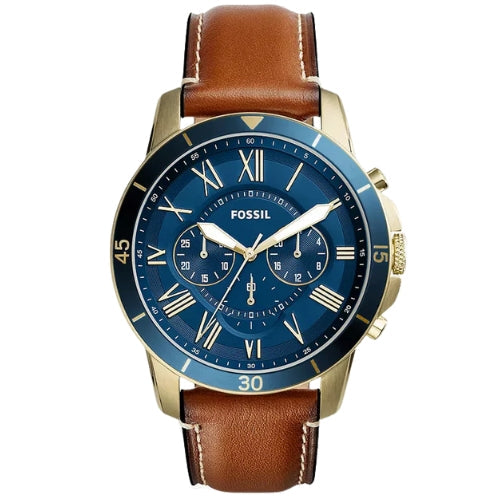 Fossil Grant 44mm Blue Dial Brown Leather Chronograph Men's Watch FS5268