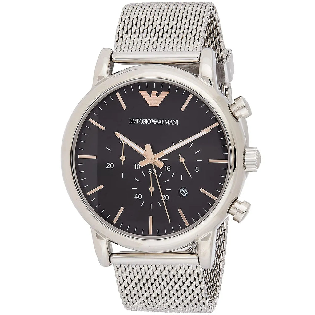 Emporio Armani Luigi Chronograph Black Dial Silver Mesh Men's Watch - AR11429