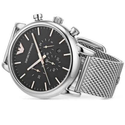 Emporio Armani Luigi 46mm Black Dial Silver-Tone Mesh Chronograph Men's Watch AR11429
