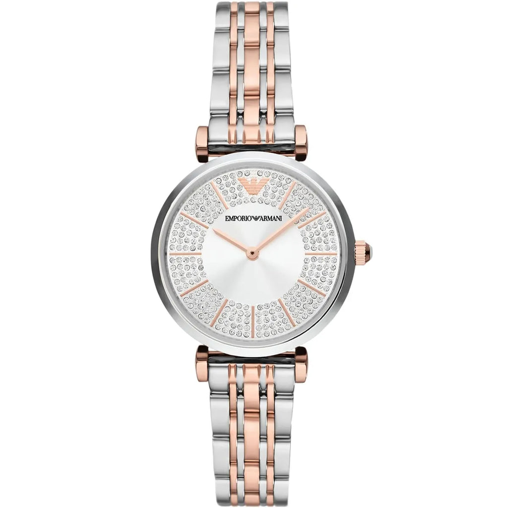 Emporio Armani Gianni T-Bar Silver Sunray Crystal Dial Two-tone Women's Watch - AR11537