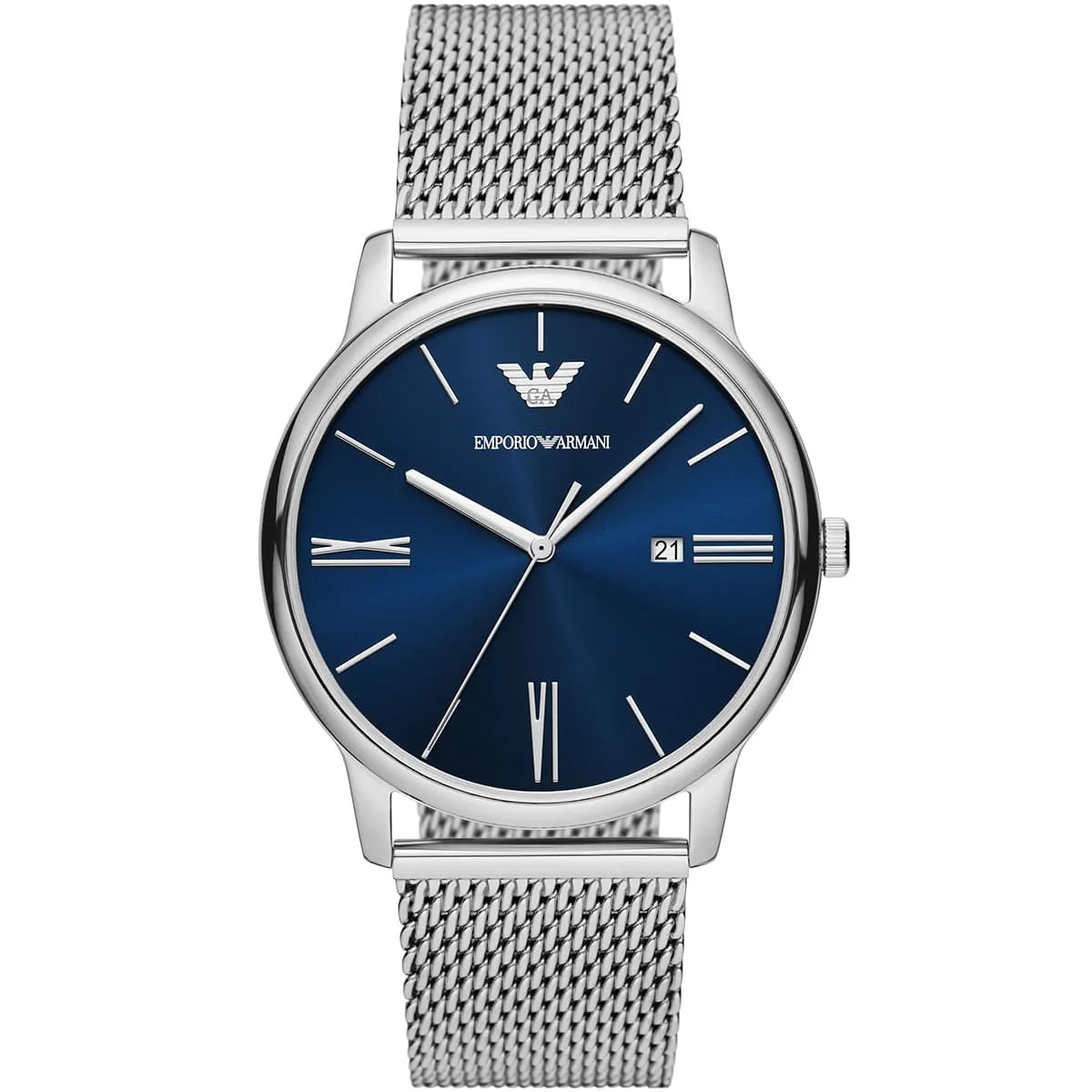 Emporio Armani Minimalistisch Herenhorloge met Blauwe Zonnestraalwijzerplaat en Zilveren Mesh - AR11571 Hoofdafbeelding