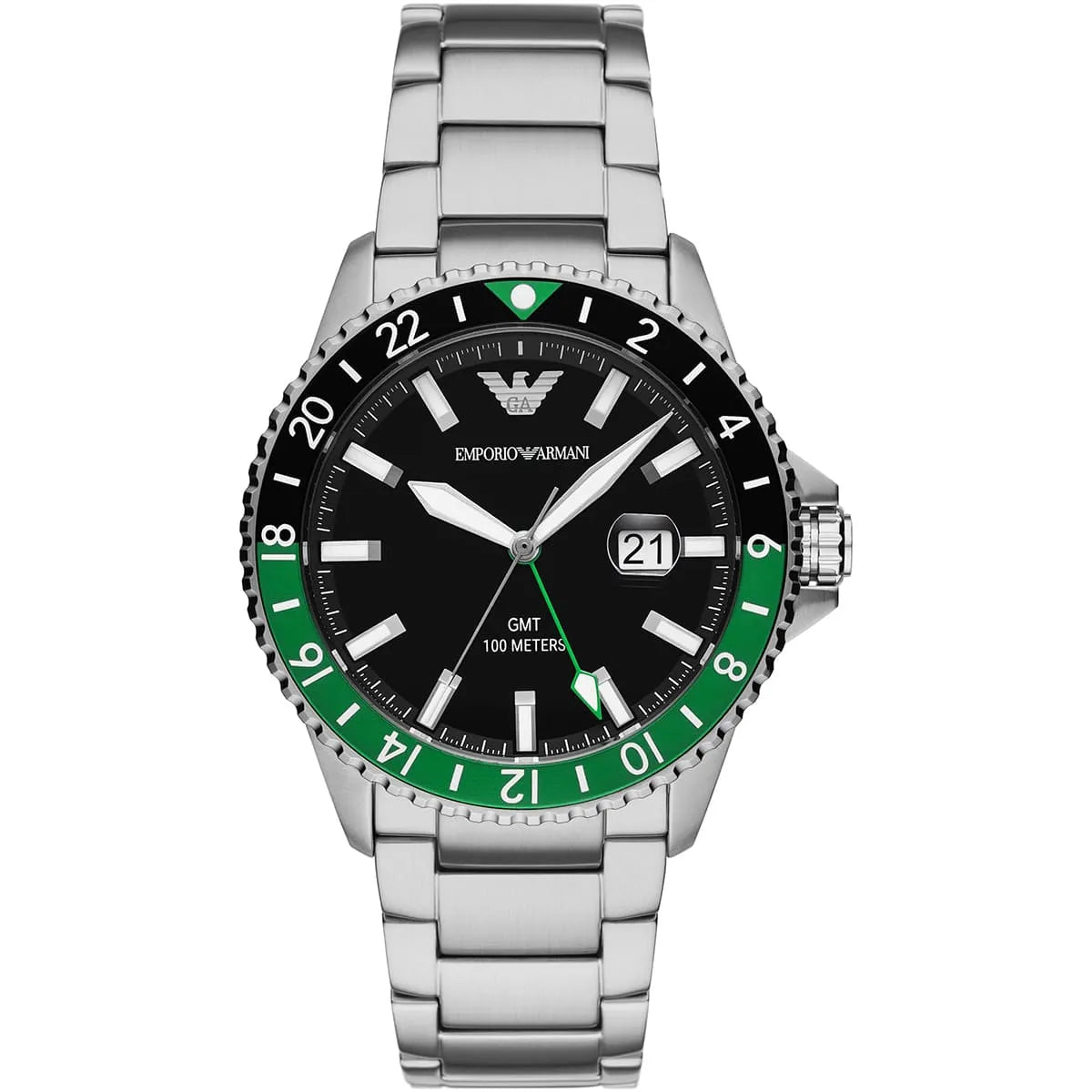 Emporio Armani Diver GMT Herenhorloge met zwarte emaille wijzerplaat en zilveren accenten - AR11589 Hoofdafbeelding