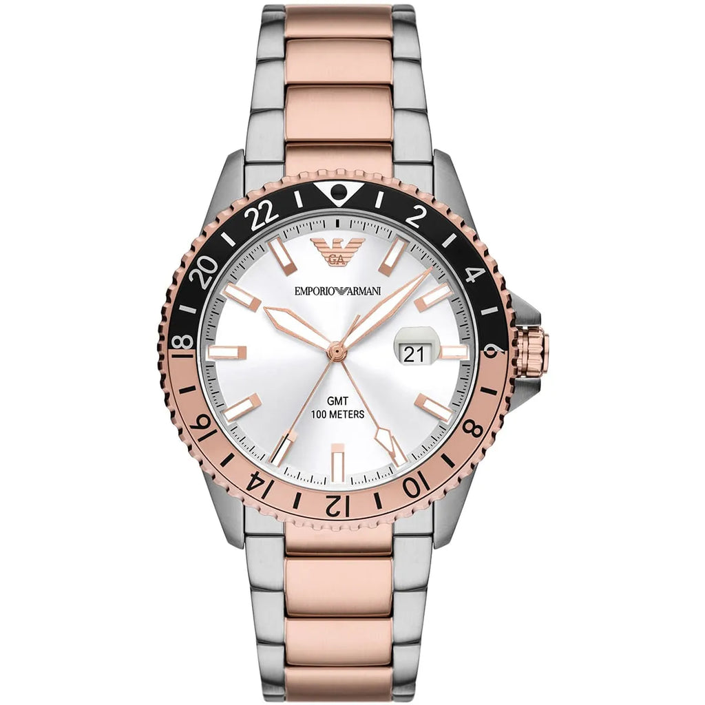 Emporio Armani Diver GMT White Sunray Dial Two-tone Men's Watch - AR11591