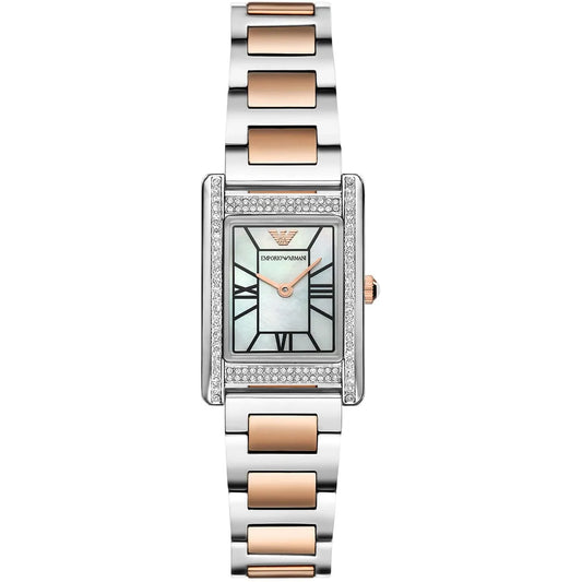 Emporio Armani Genni white mother-of-pearl rectangular dial two-tone watch with crystal-set bezel