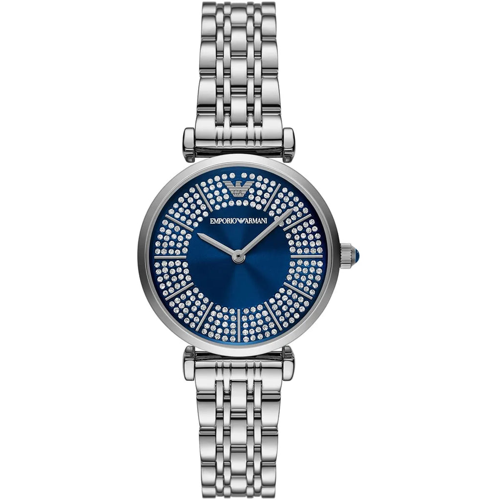 Emporio Armani Gianni T-Bar Blue Sunray Crystal Dial Silver Women's Watch - AR11627