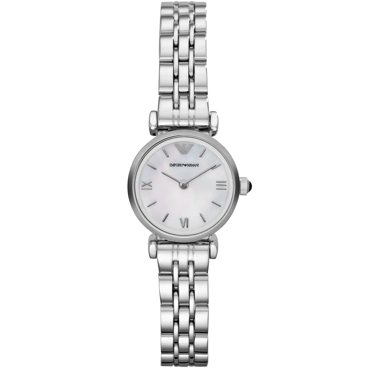 Emporio Armani Gianni T-Bar Mini Dameshorloge met witte parelmoer wijzerplaat en zilveren accenten - AR1688 Hoofdafbeelding