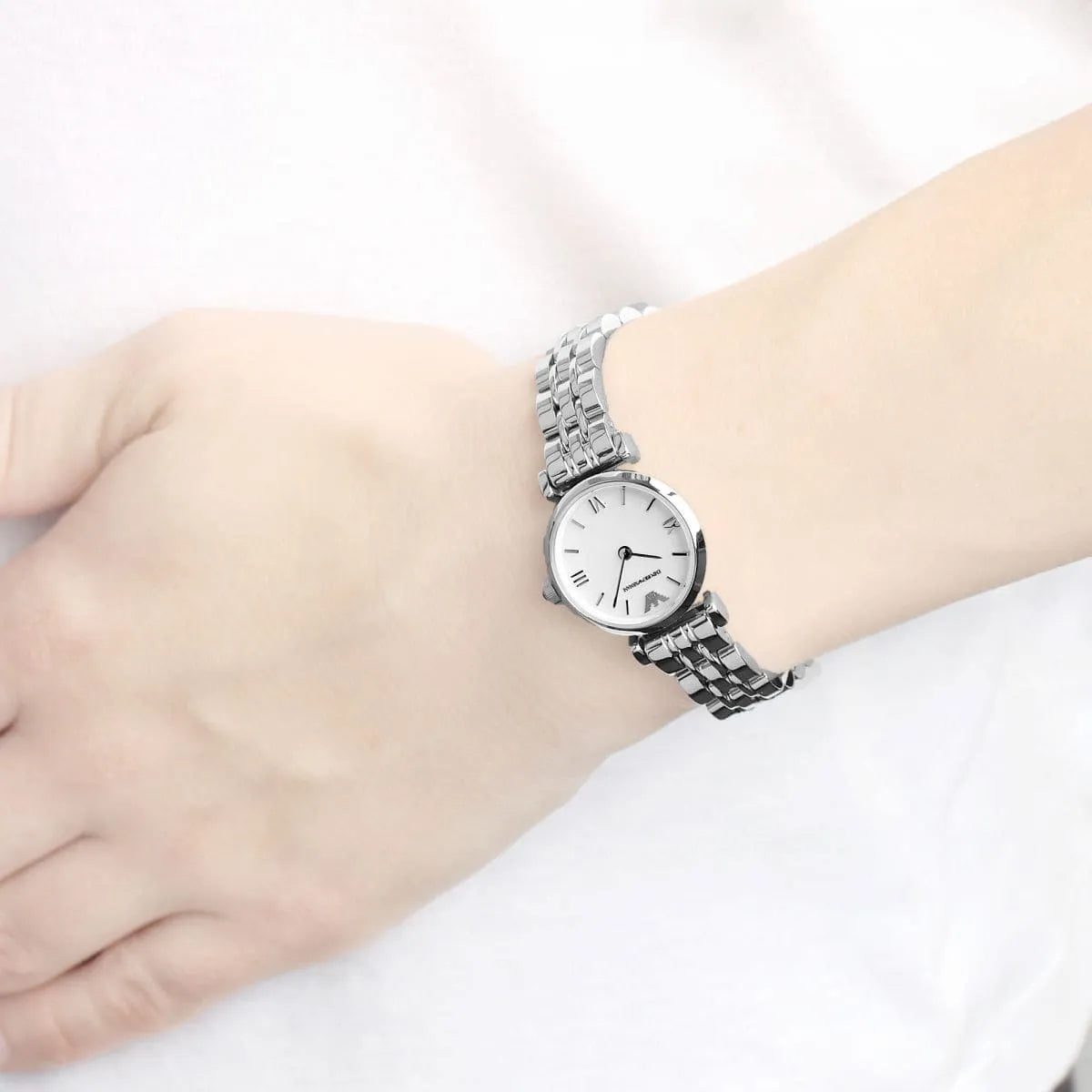Emporio Armani Gianni T-Bar Mini 22mm White Mother-of-Pearl Dial Silver-Tone Women's Watch AR1688