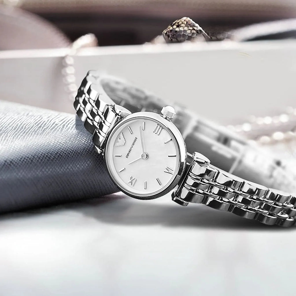 Emporio Armani Gianni T-Bar Mini White MOP Dial Silver Women's Watch - AR1763