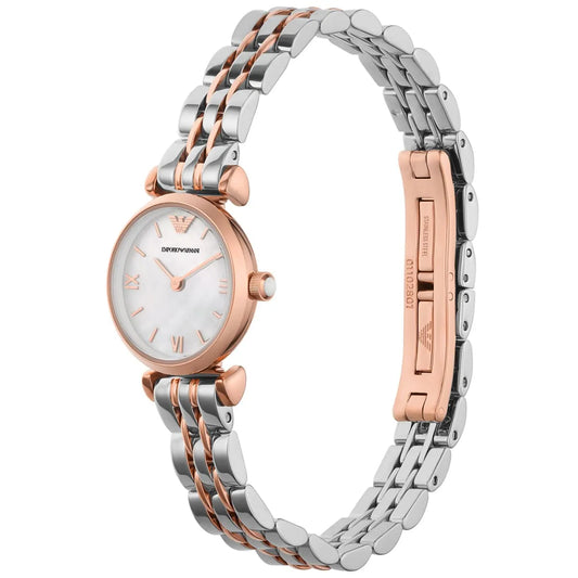 Two-tone Emporio Armani Gianni T-Bar Mini watch displayed on wrist with two-tone metal bracelet