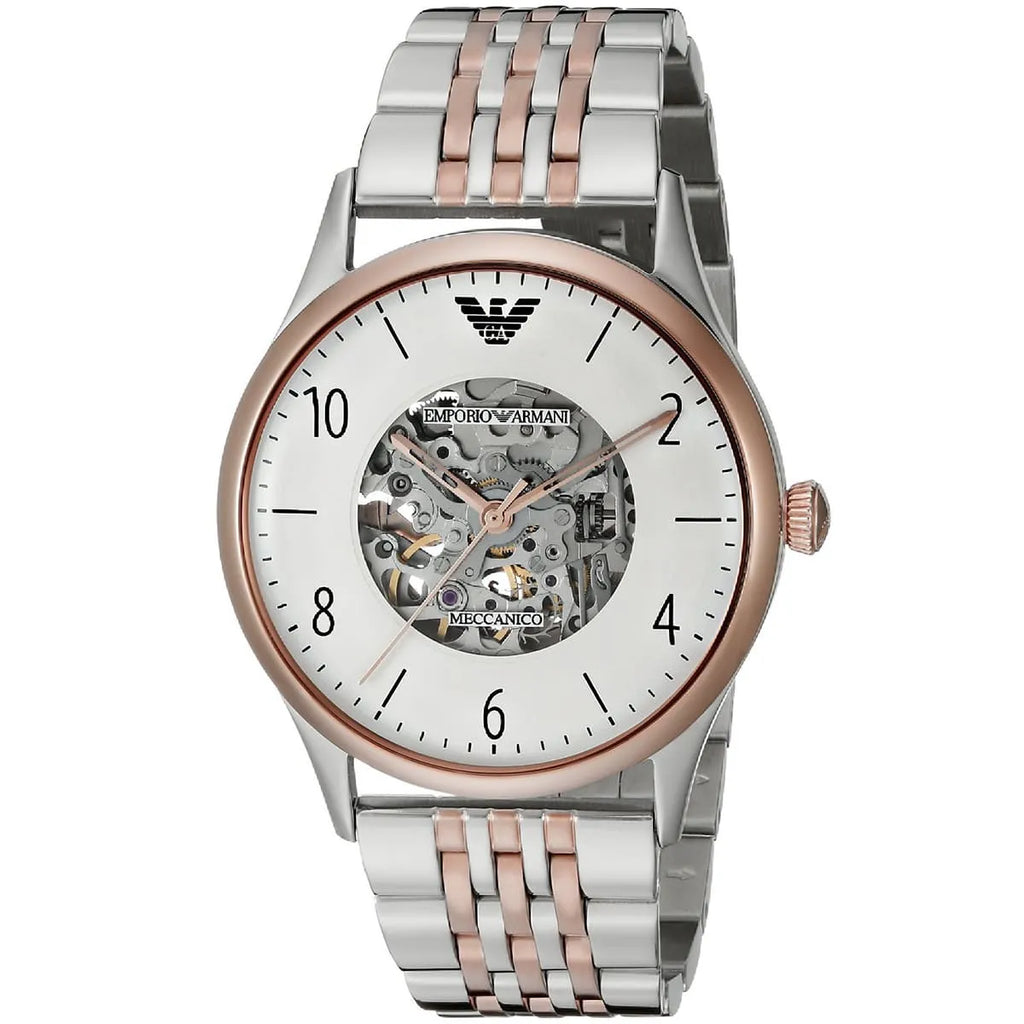 Emporio Armani Meccanico Automatic Skeleton White Dial Two-tone Men's Watch - AR1921