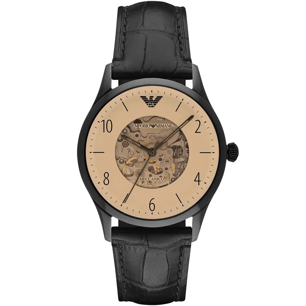 Emporio Armani Beta Meccanico Automatic Black Genuine Leather Men's Watch - AR1923