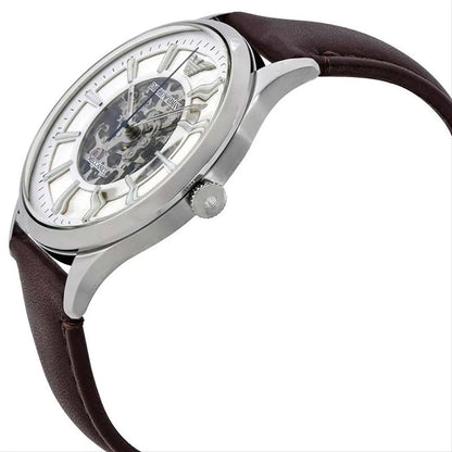 Emporio Armani Meccanico watch side angle view with dark brown leather strap