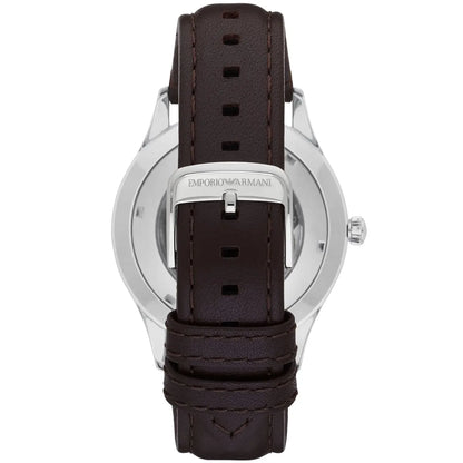 Emporio Armani Meccanico watch caseback showing automatic movement and strap