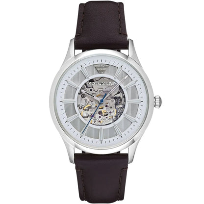 Emporio Armani Meccanico skeleton watch with white dial and dark brown leather strap
