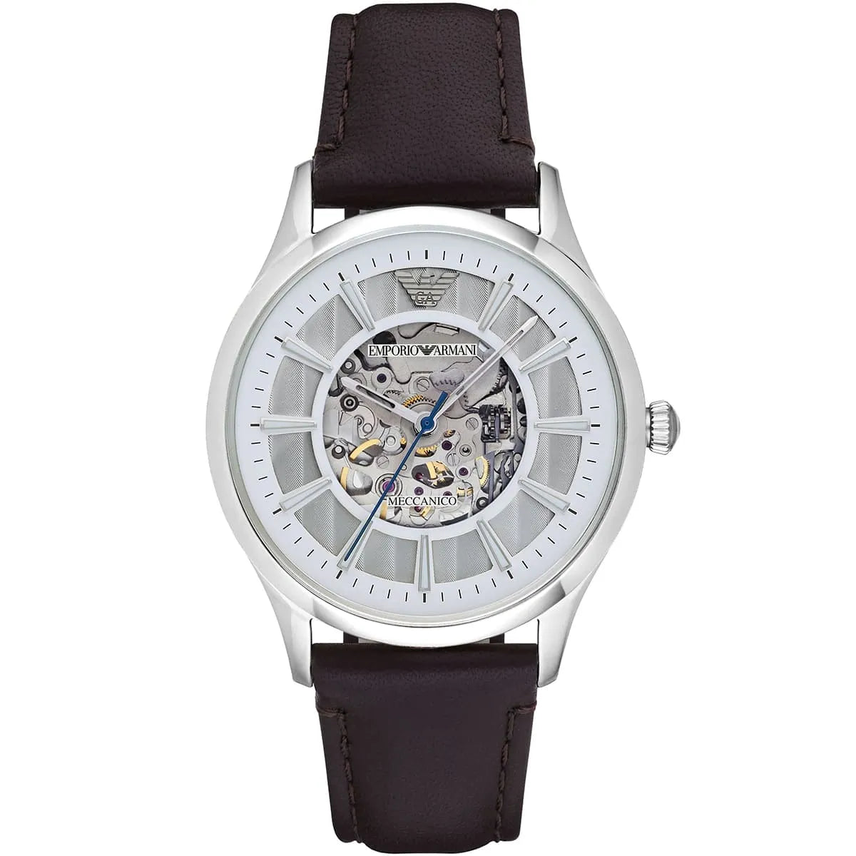 Emporio Armani Meccanico Skeleton Automatic Herenhorloge met Donkerbruine Echt Lederen Band - AR1946 Hoofdafbeelding