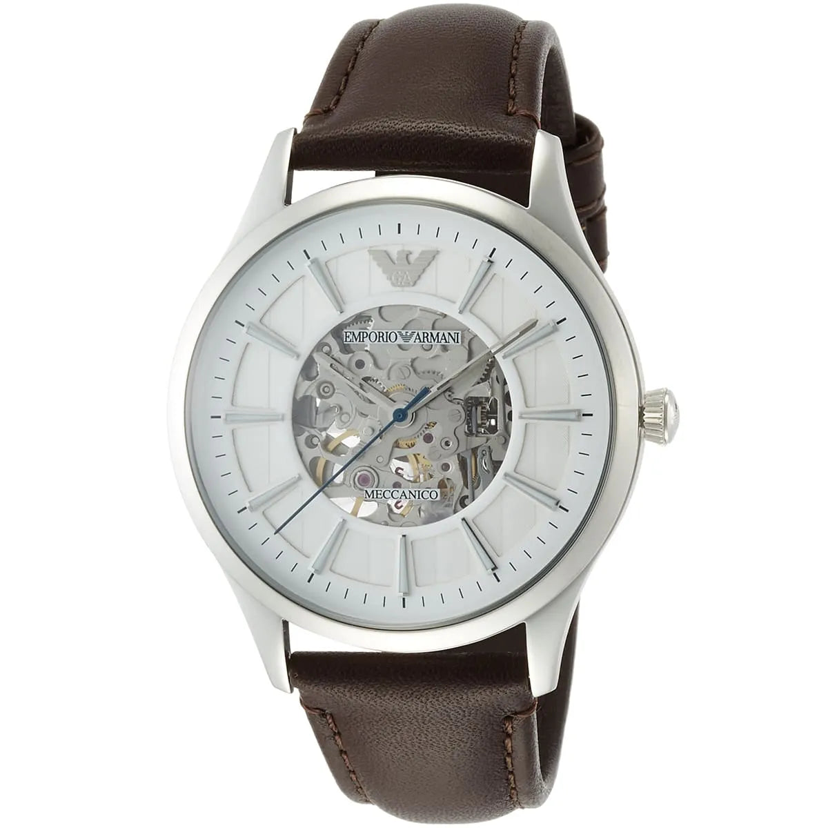 Emporio Armani Meccanico Skeleton Automatic Herenhorloge met Donkerbruine Echt Lederen Band - AR1946 Secundaire afbeelding