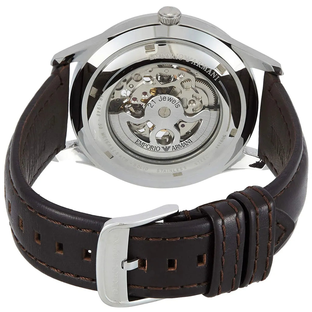 Emporio Armani Meccanico Skeleton Automatic Dark Brown Genuine Leather Men's Watch - AR1946