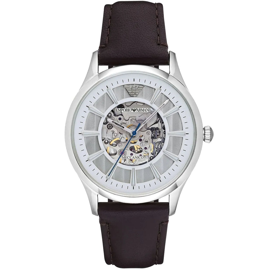 Emporio Armani Meccanico Skeleton Automatic Dark Brown Genuine Leather Men's Watch - AR1946