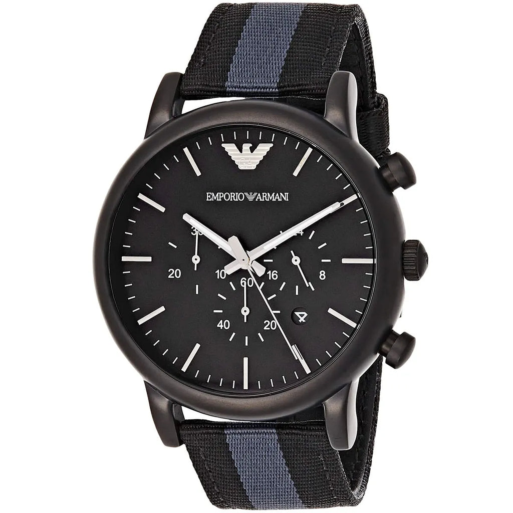 Emporio Armani Luigi Chronograph Matte Black Dial Striped Nylon on Leather Men's Watch - AR1948