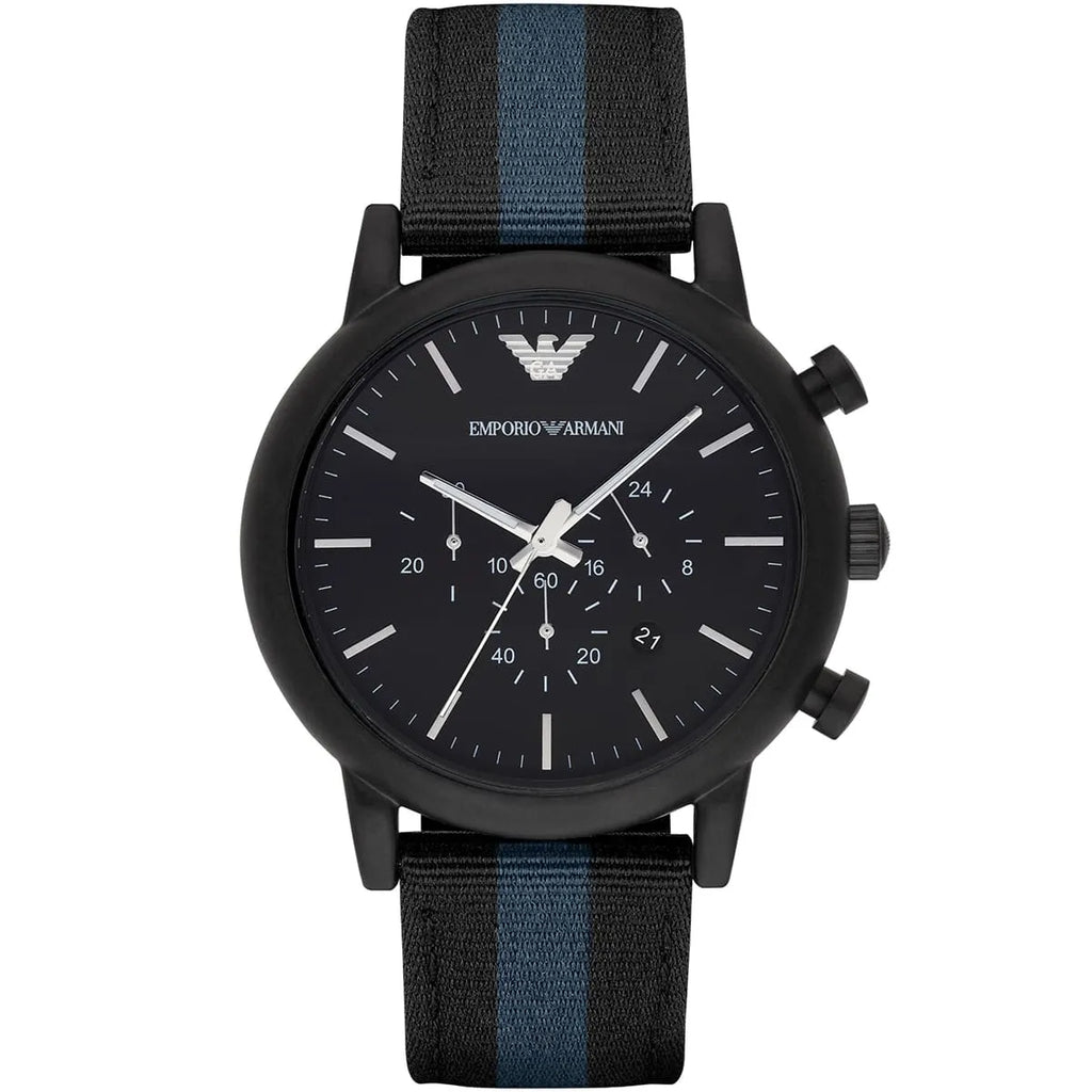 Emporio Armani Luigi Chronograph Matte Black Dial Striped Nylon on Leather Men's Watch - AR1948