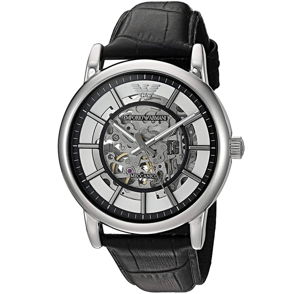 Emporio Armani Luigi Skeleton Automatic Black Genuine Leather Men's Watch - AR1981