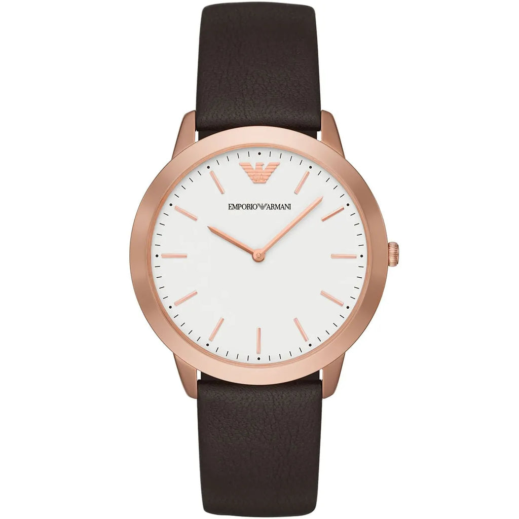 Emporio Armani Classic White Dial Brown Genuine Leather Men's Watch - AR2487