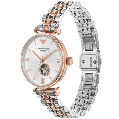 Two-tone stainless steel bracelet with rose gold and silver links and diamond bezel