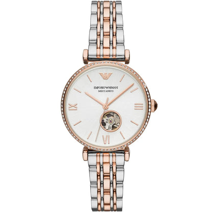 Emporio Armani Gianni T-Bar automatic women's watch with silver dial and open heart detail