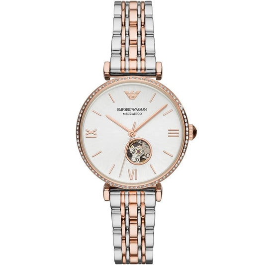Emporio Armani Gianni T-Bar automatic women's watch with silver dial and open heart detail
