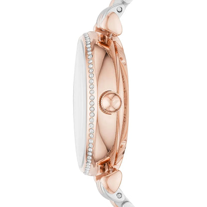 Side profile view showing rose gold case, two-tone bracelet, and diamond-set bezel