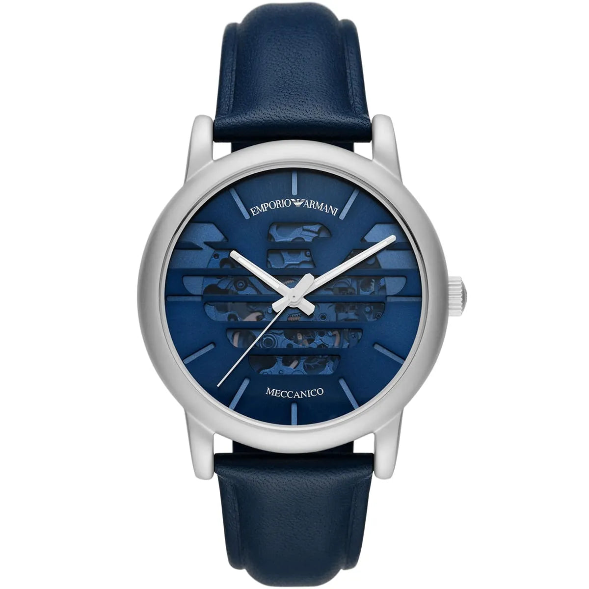 Emporio Armani Luigi Automatic Herenhorloge met blauwe wijzerplaat met zonnestraalmotief en opengewerkt frame, blauw echt leer - AR60030 Hoofdafbeelding