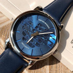 Emporio Armani Luigi Automatic Blue Sunray Skeleton Dial Blue Genuine Leather Men's Watch - AR60030
