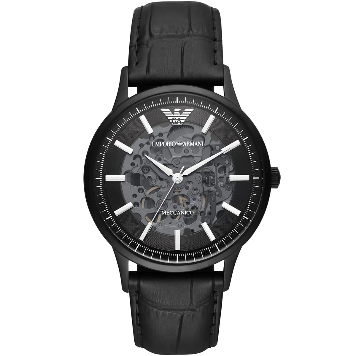 Emporio Armani Renato Automatisch Skeleton Herenhorloge met Zwarte Echt Lederen Band - AR60042 Hoofdafbeelding