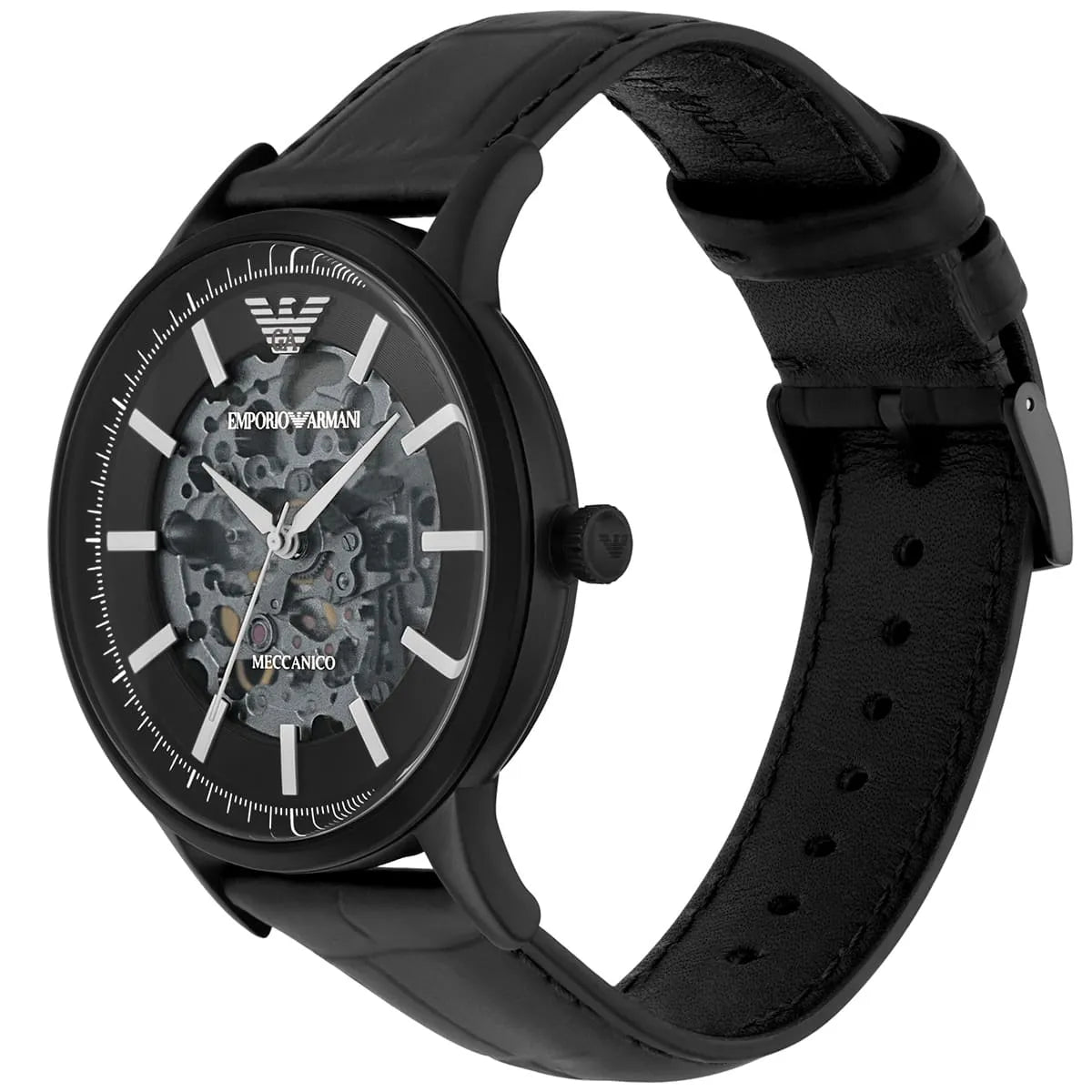 Emporio Armani Renato Automatic Skeleton Black Genuine Leather Men's Watch - AR60042 Secundaire afbeelding