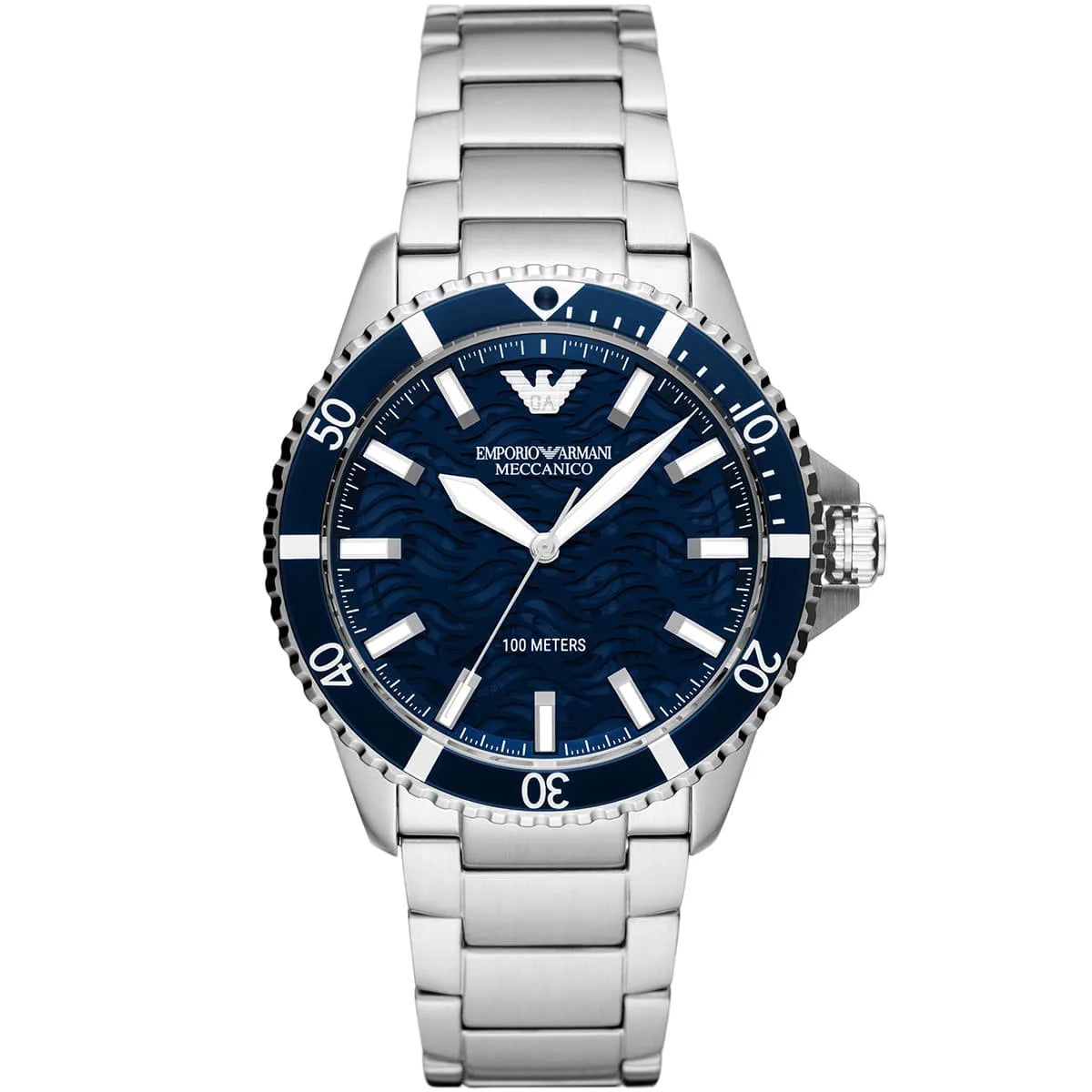 Emporio Armani Diver Automatic Herenhorloge met unidirectioneel draaibare blauwe lunette, zilverkleurig - AR60059 Hoofdafbeelding