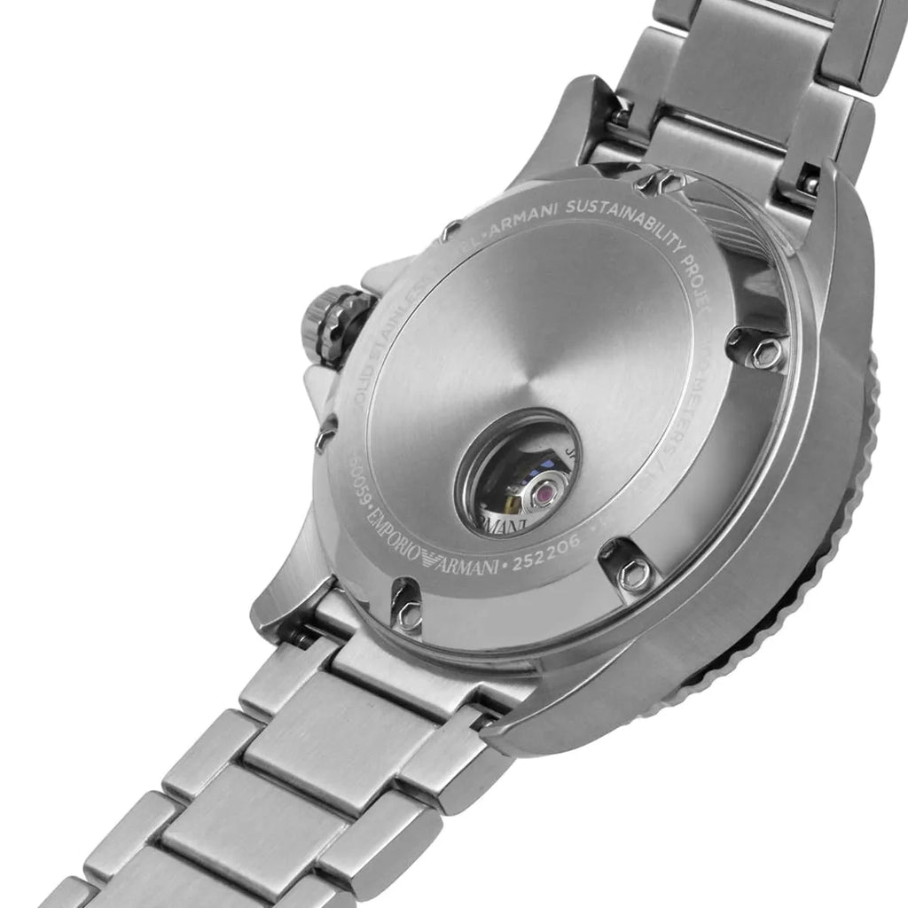 Emporio Armani Diver Automatic Uni-directional rotating blue bezel Silver Men's Watch - AR60059