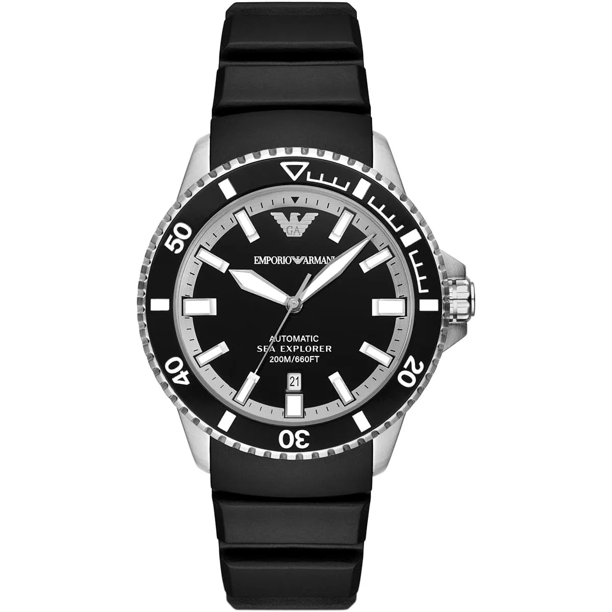 Emporio Armani Sea Explorer Automatic Herenhorloge met zwarte wijzerplaat en zwarte siliconen band - AR60078 Hoofdafbeelding