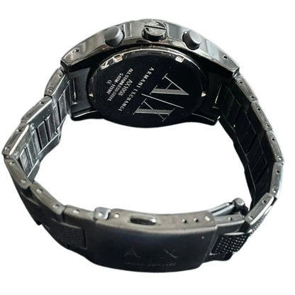 Caseback of Armani Exchange AX1058 watch showing engraved branding and movement details